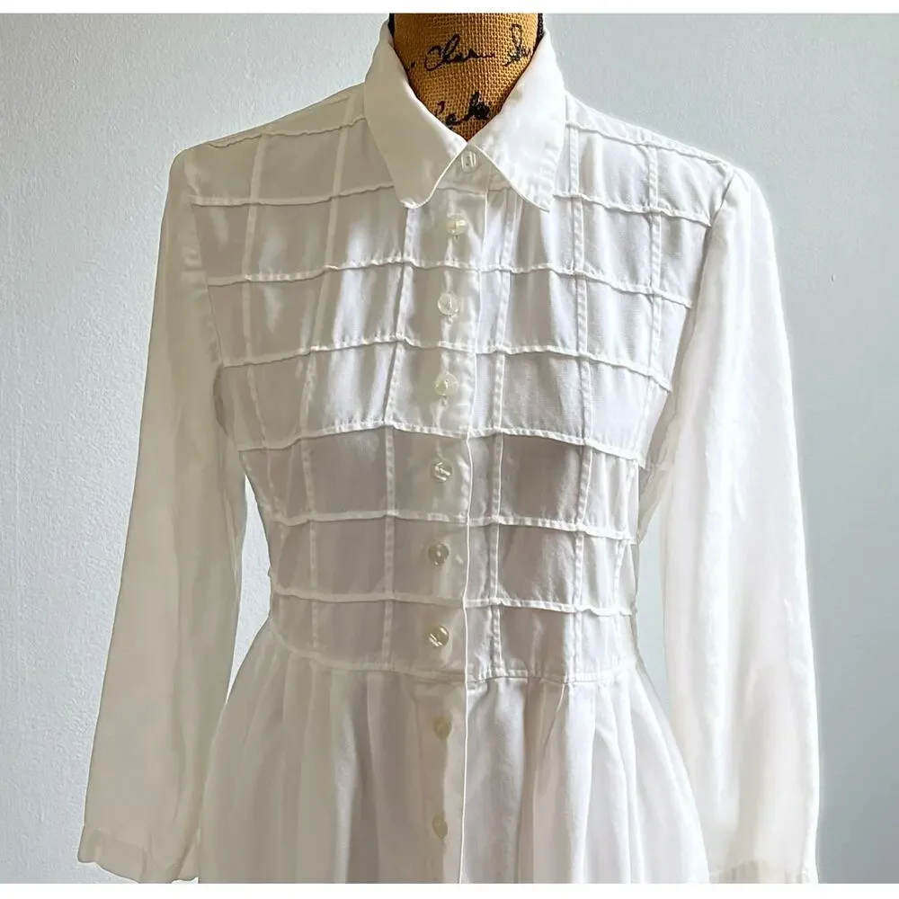 90s Dressed In White Rayon Checkered Top Button Long Sleeve Maxi Dress Women’s S - Picture 6 of 9